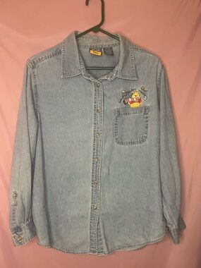 Light Blue Denim Button-Up Shirt with Embroidered poo Bear Disney sz 14/16
